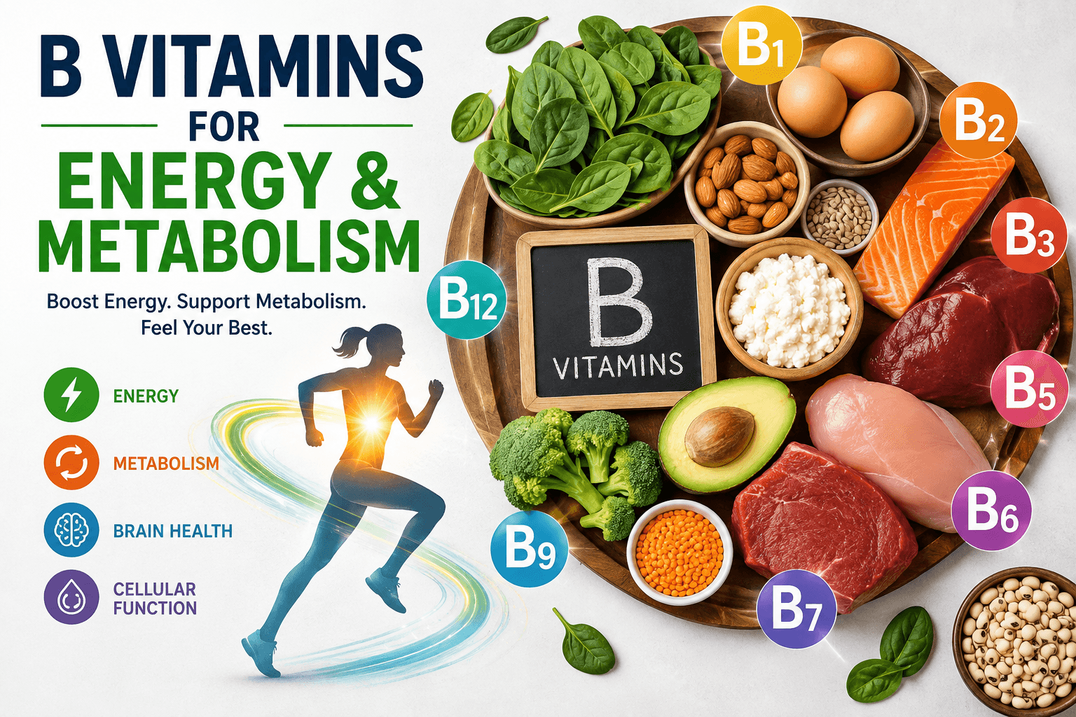 B vitamins for energy and metabolism, including vitamin B1, B2, B3, B6, B7, B9, and B12 from healthy foods