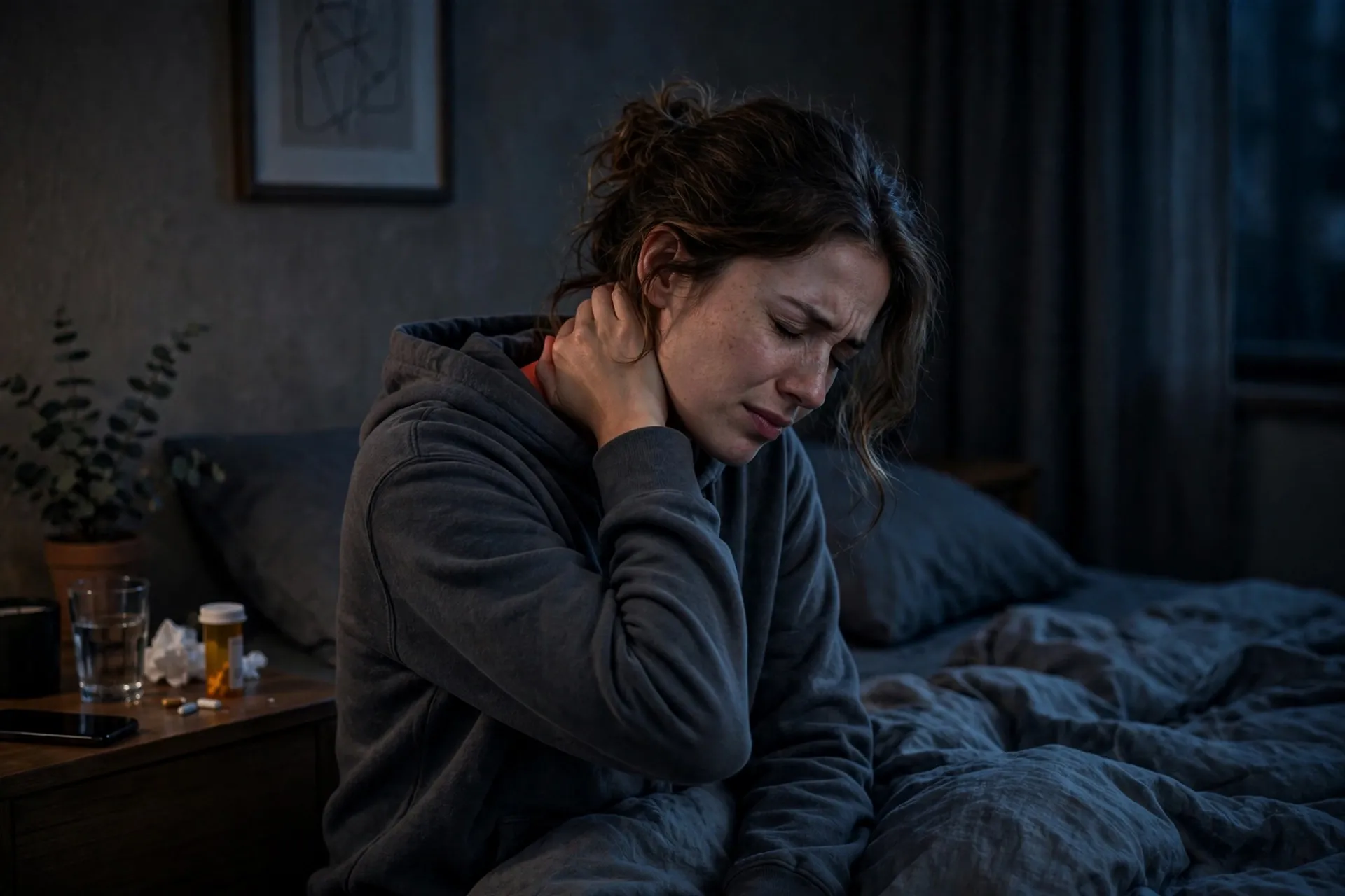 Woman holding the back of her head in pain from a migraine headache