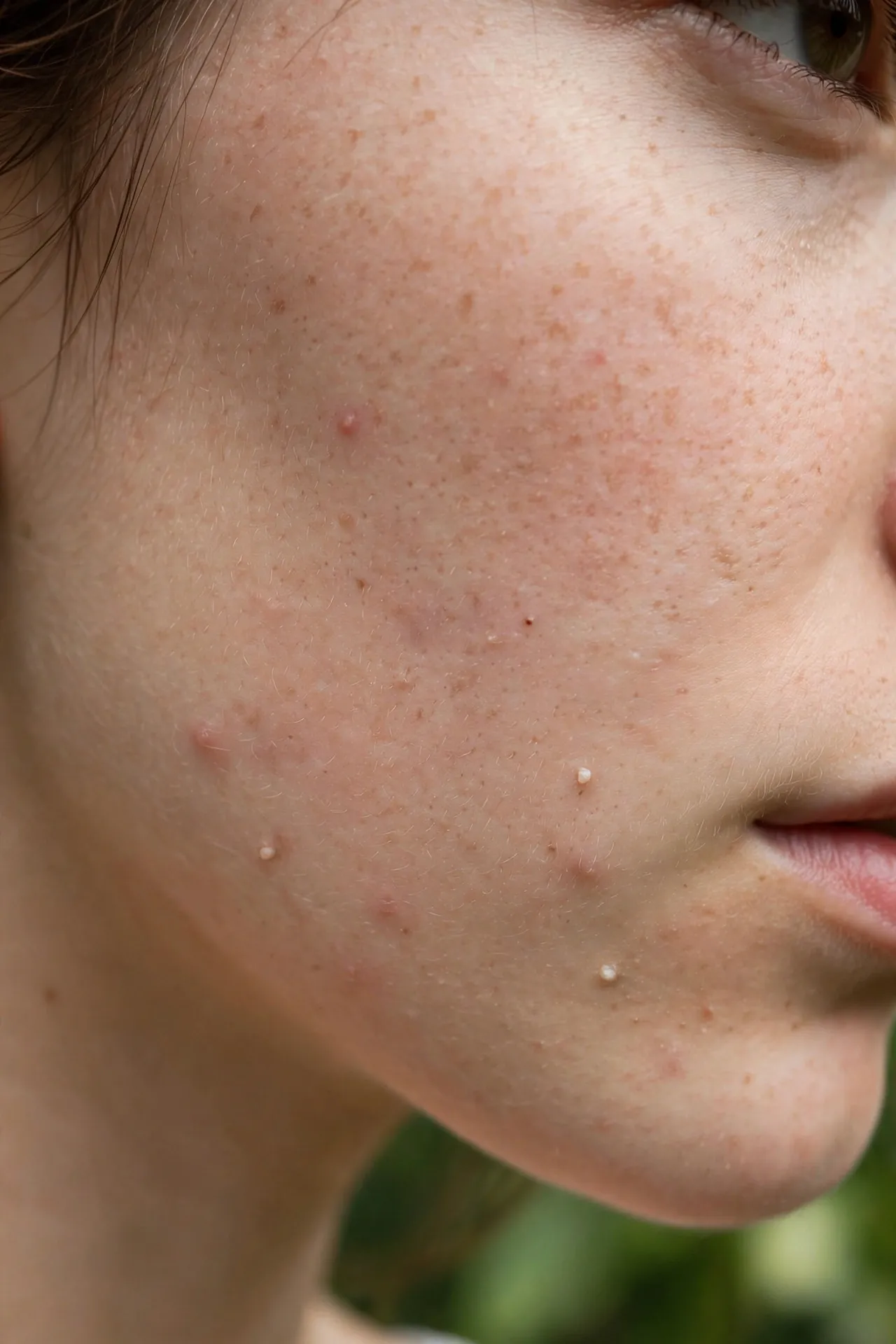 Close-up of facial skin with acne breakouts on the cheek and forehead